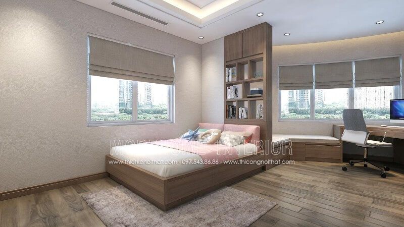 Giường ngủ hộp gỗ công nghiệp có ngăn kéo màu nâu kết hợp sàn gỗ cùng màu mang đến không gian ấm áp, lãng mạn cho phòng ngủ