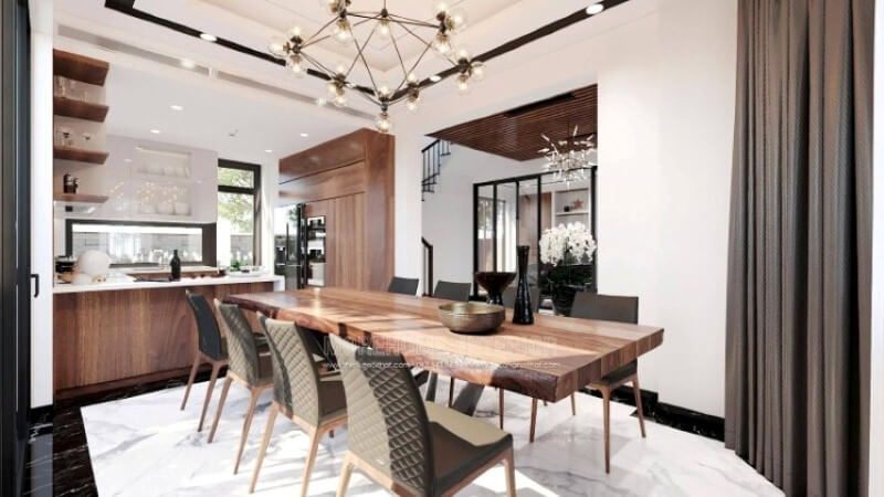 Sẽ là một gợi ý sáng tạo sẽ khiến bạn thích thú như trong mẫu bố trí không gian bếp hiện đại biệt thự Vinhomes Imperia Hải Phòng trong đây, bố trí kệ trang trí ở vị trí gần bàn ăn nhất giúp bạn lấy ly, chén một cách dễ dàng.