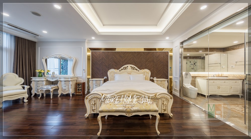 Tab đầu giường gỗ tự nhiên màu trắng tân cổ điển trang trí cho không gian, tiện nghi cất trữ những món đồ nhỏ.